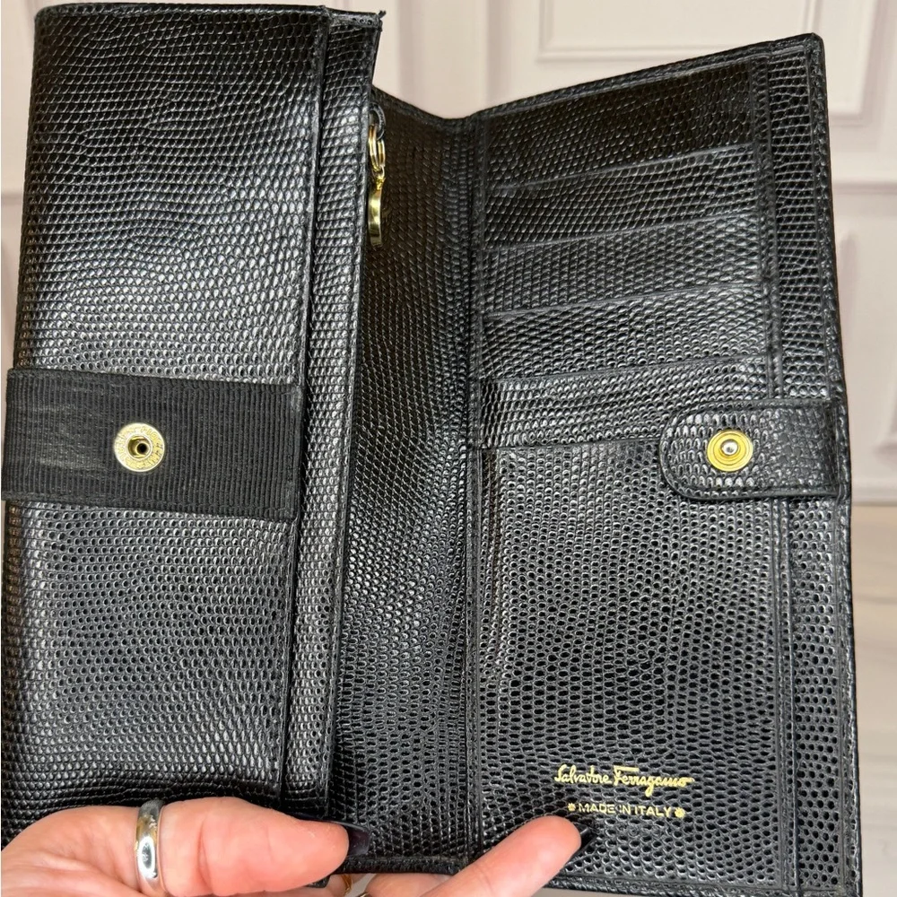 Salvatore Ferragamo Black Embossed Leather Long Wallet Gancini Gold Hardware